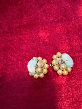 Vintagemint Pearl/ acqua Cluster Earrings with handwired CLIP Hong Kong